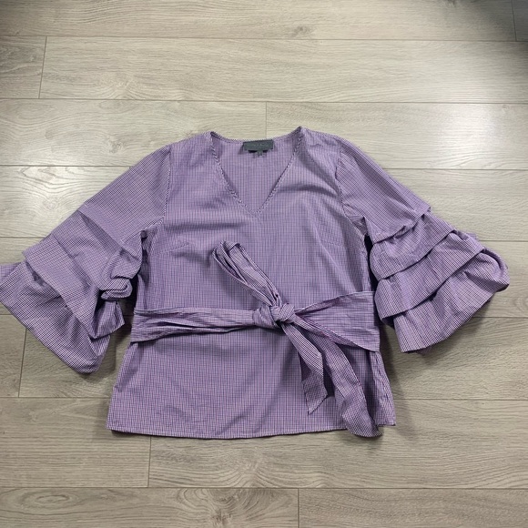 Anthropologie Sunday in Brooklyn Balloon Sleeve Check Ruffled Blouse Top - Picture 4 of 12